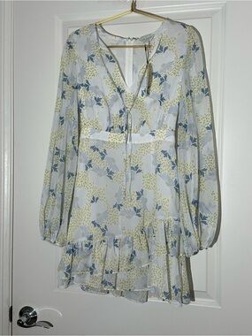 Ted Baker Floral Mesh Mini Dress Sky Blue Long Sleeve Ruffle Tiered Size 0 NWT